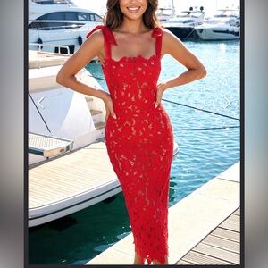 Chic Red Lace Midi Dress